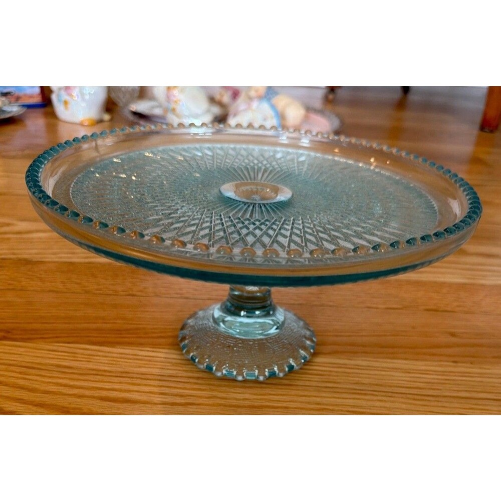 Vintage Pedestal Jeannette Glass Aqua Blue Harp 10" Wide Cake Stand Beaded Edge